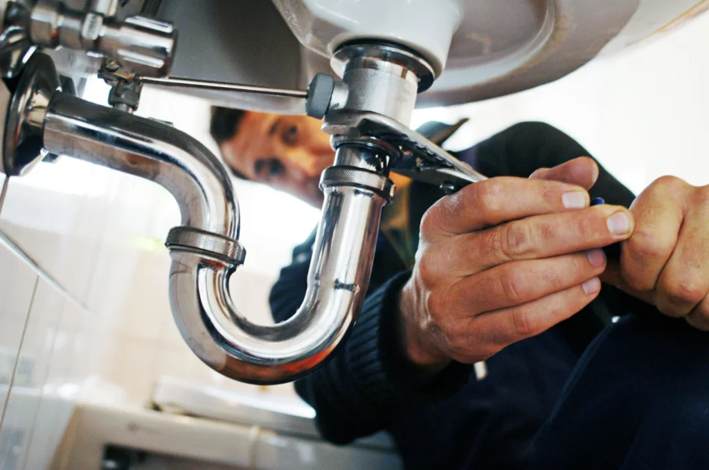Close-up of a plumber tightening a fitting under a bathroom sink