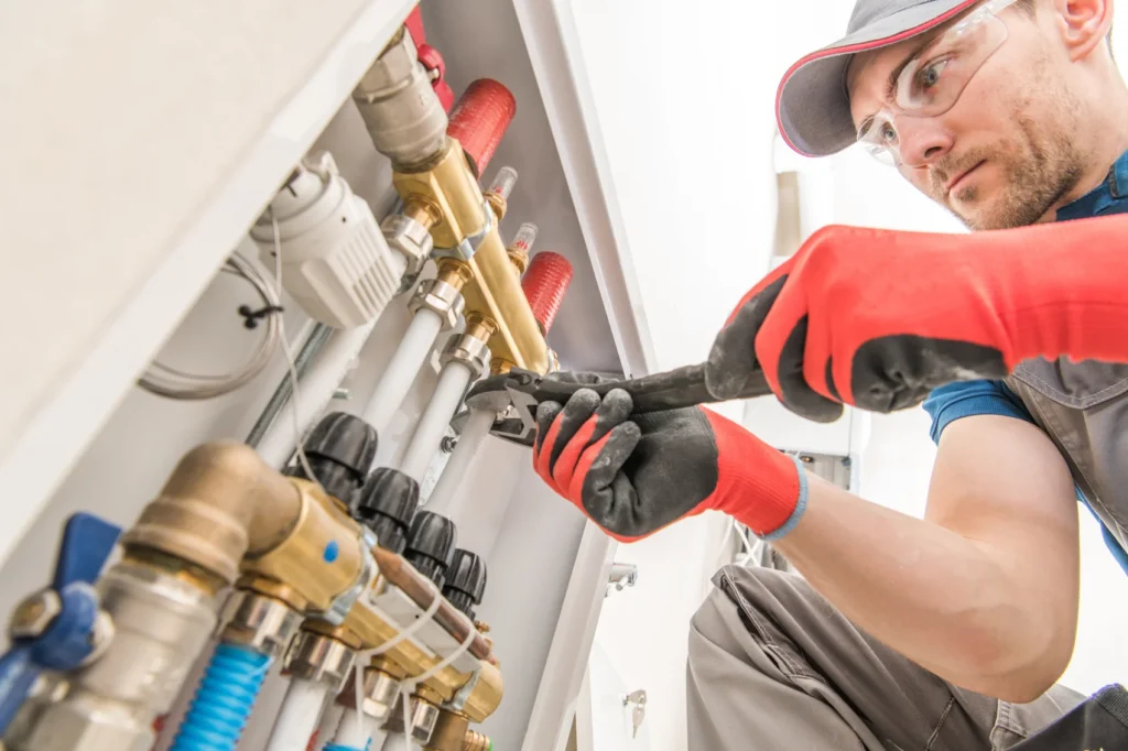 Plumber using a wrench to repair commercial plumbing pipes
