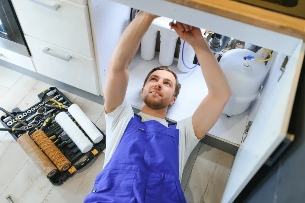 Plumber fixing the pipes under a kitchen sink