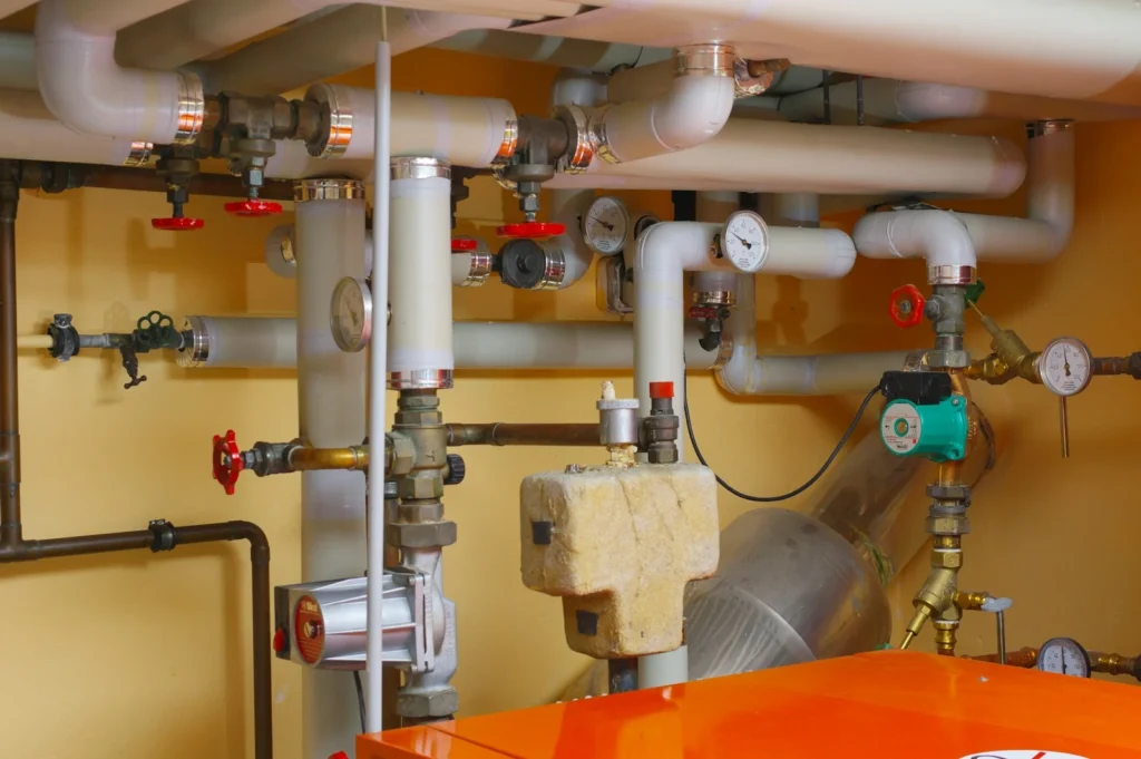 Gas and water lines with shutoff valves and pressure gauges in a utility room