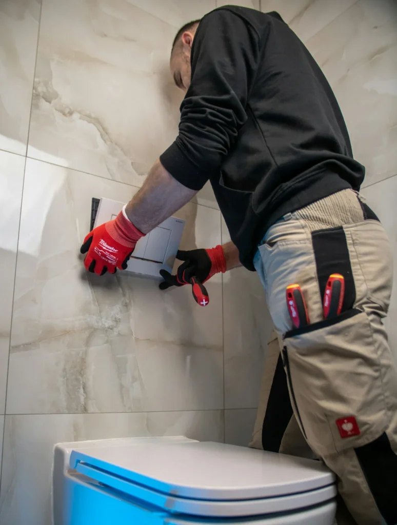 Plumber in work gloves installing a toilet against a marble-tiled bathroom wall